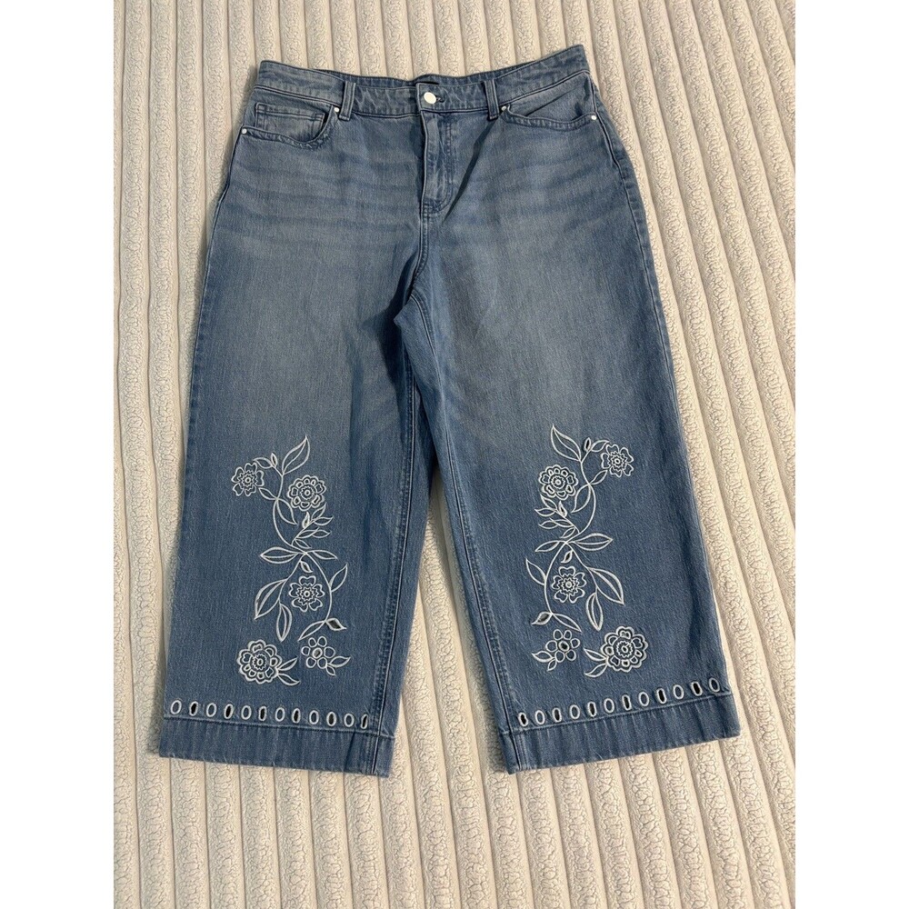 Talbots High Waist Wide Leg Crop Embroidered Jeans Womens 14P medium wash